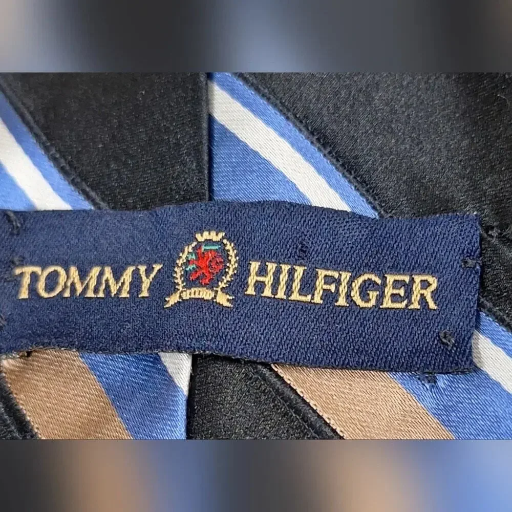 Tommy Hilfiger 100 % Silk Black and Tan Diagnal  Striped Tie #1014